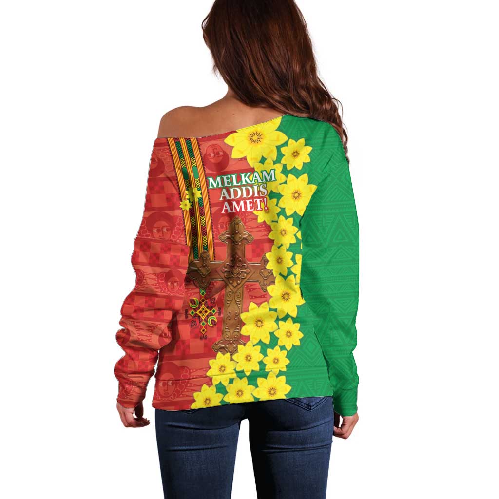 Enkutatash Ethiopia Off Shoulder Sweater Melkam Addis Amet Adey Abeba Flower - Wonder Print Shop