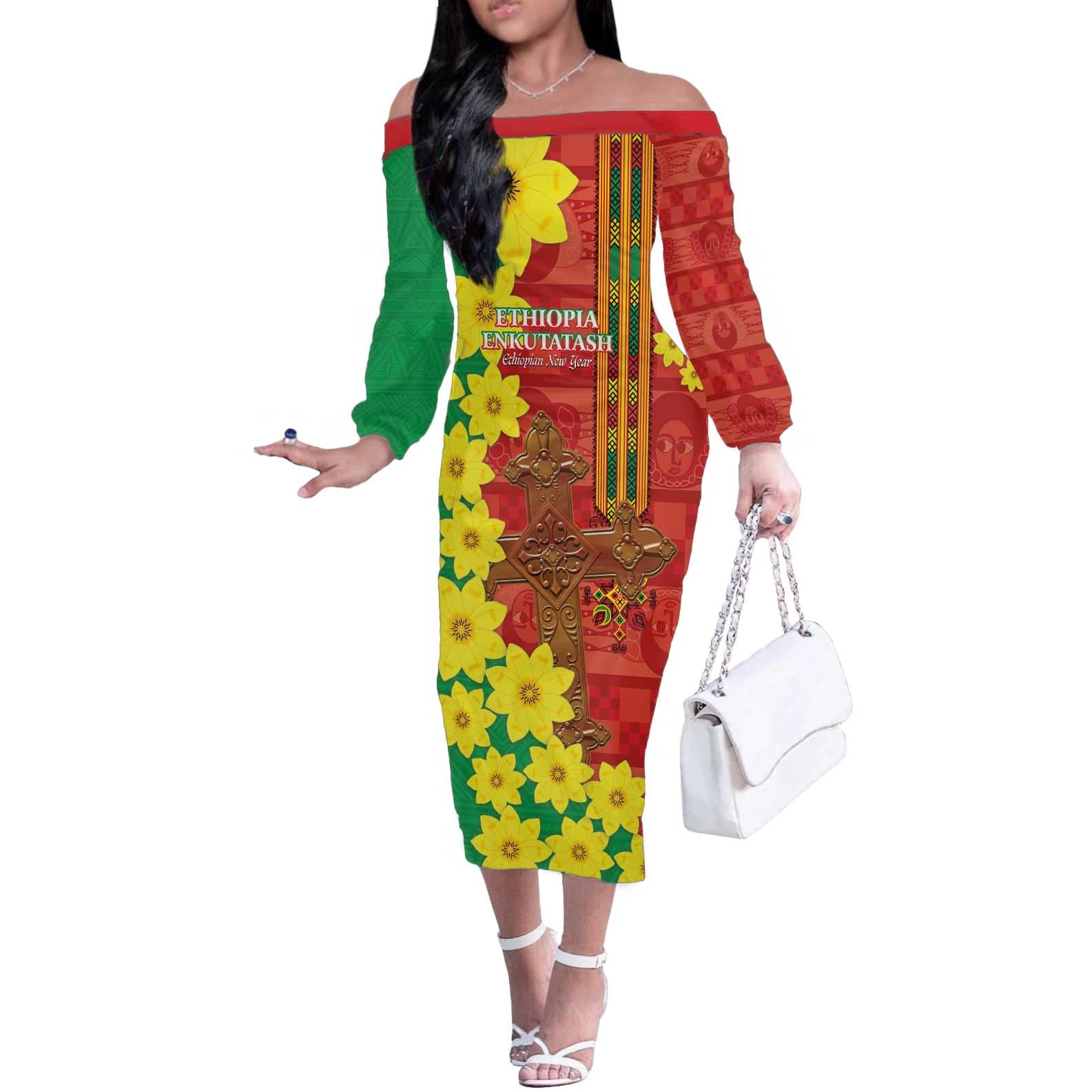Enkutatash Ethiopia Off The Shoulder Long Sleeve Dress Melkam Addis Amet Adey Abeba Flower - Wonder Print Shop