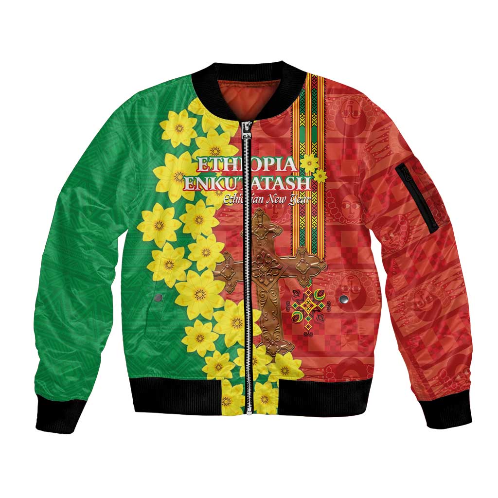 Enkutatash Ethiopia Sleeve Zip Bomber Jacket Melkam Addis Amet Adey Abeba Flower - Wonder Print Shop
