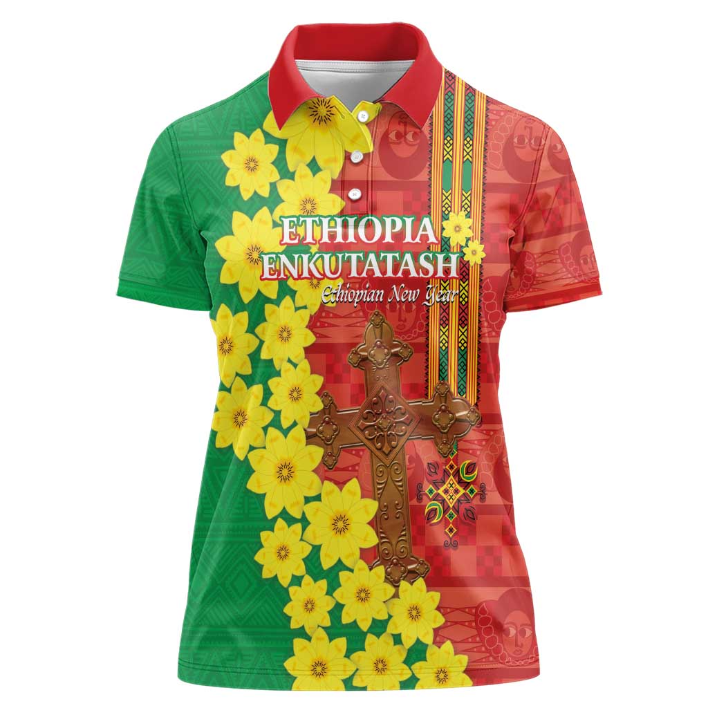 Enkutatash Ethiopia Women Polo Shirt Melkam Addis Amet Adey Abeba Flower - Wonder Print Shop