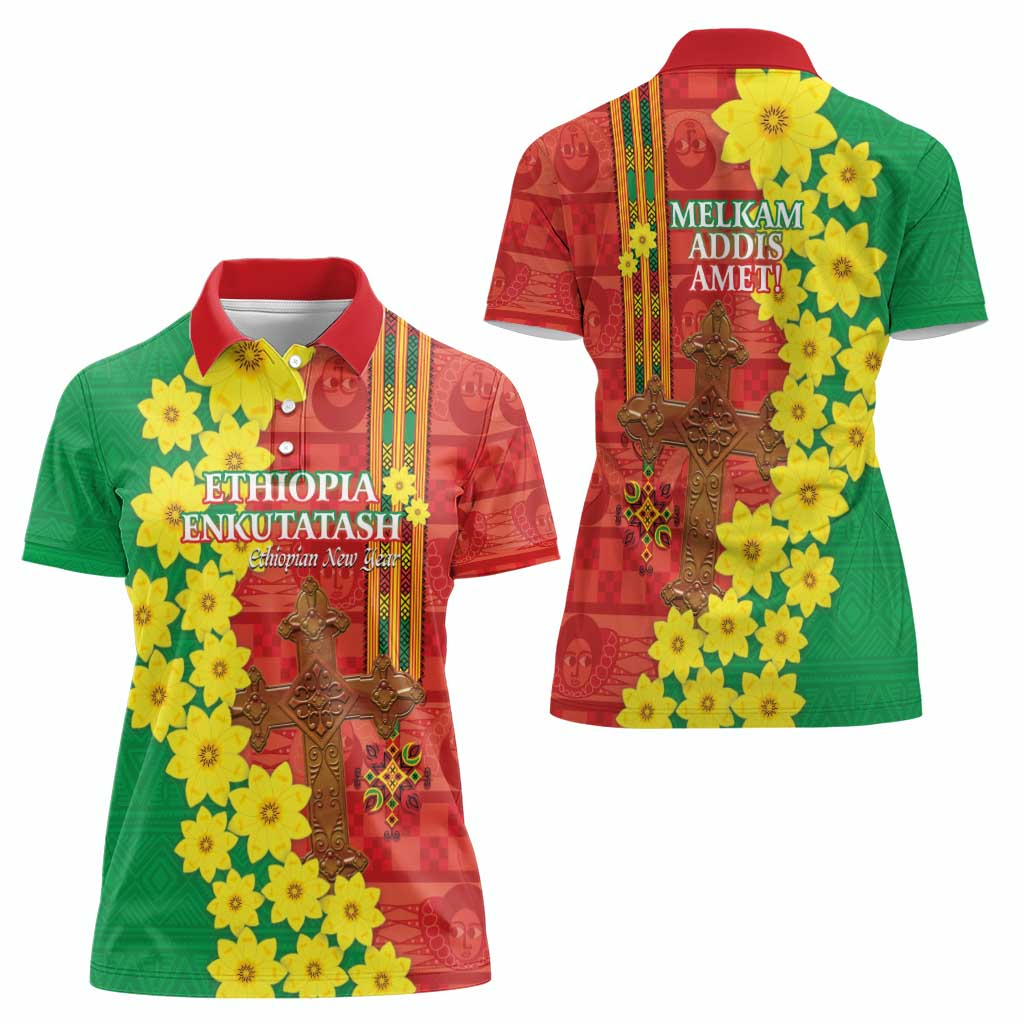 Enkutatash Ethiopia Women Polo Shirt Melkam Addis Amet Adey Abeba Flower - Wonder Print Shop