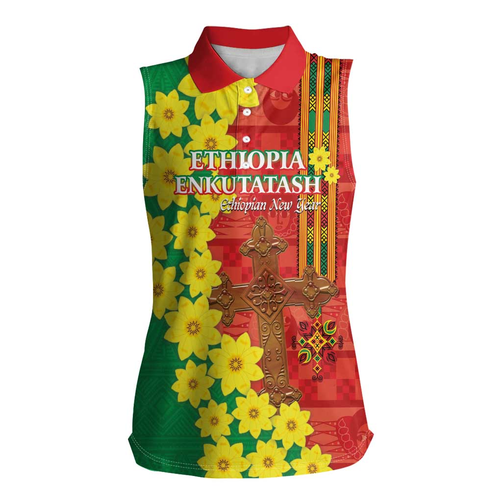Enkutatash Ethiopia Women Sleeveless Polo Shirt Melkam Addis Amet Adey Abeba Flower - Wonder Print Shop