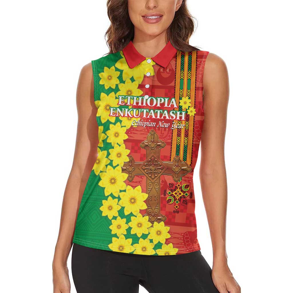 Enkutatash Ethiopia Women Sleeveless Polo Shirt Melkam Addis Amet Adey Abeba Flower - Wonder Print Shop