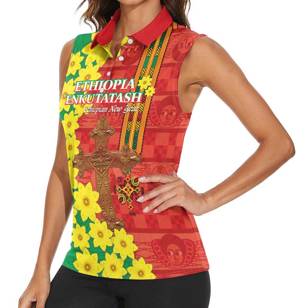 Enkutatash Ethiopia Women Sleeveless Polo Shirt Melkam Addis Amet Adey Abeba Flower - Wonder Print Shop