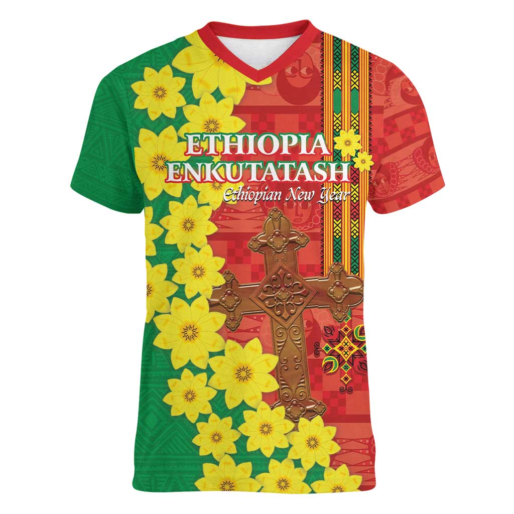 Enkutatash Ethiopia Women V-Neck T-Shirt Melkam Addis Amet Adey Abeba Flower - Wonder Print Shop
