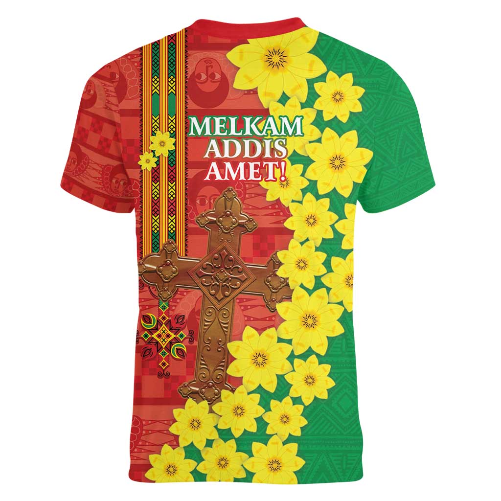 Enkutatash Ethiopia Women V-Neck T-Shirt Melkam Addis Amet Adey Abeba Flower - Wonder Print Shop