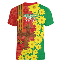 Enkutatash Ethiopia Women V-Neck T-Shirt Melkam Addis Amet Adey Abeba Flower - Wonder Print Shop