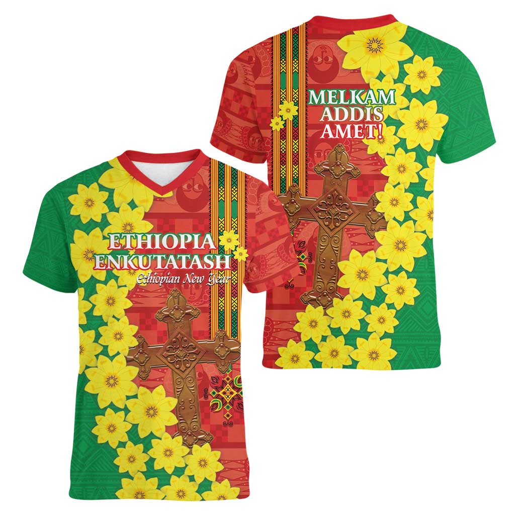 Enkutatash Ethiopia Women V-Neck T-Shirt Melkam Addis Amet Adey Abeba Flower - Wonder Print Shop