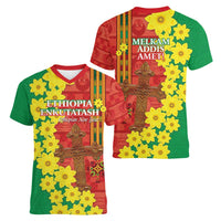 Enkutatash Ethiopia Women V-Neck T-Shirt Melkam Addis Amet Adey Abeba Flower - Wonder Print Shop