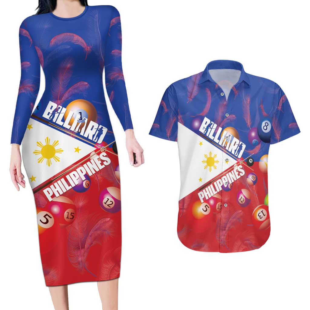 Personalised Philippines Billiards Couples Matching Long Sleeve Bodycon Dress and Hawaiian Shirt Cue With Balls Flag Style - Wonder Print Shop