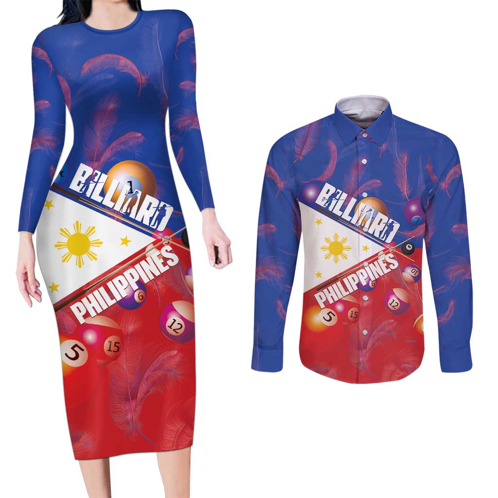 Personalised Philippines Billiards Couples Matching Long Sleeve Bodycon Dress and Long Sleeve Button Shirt Cue With Balls Flag Style - Wonder Print Shop