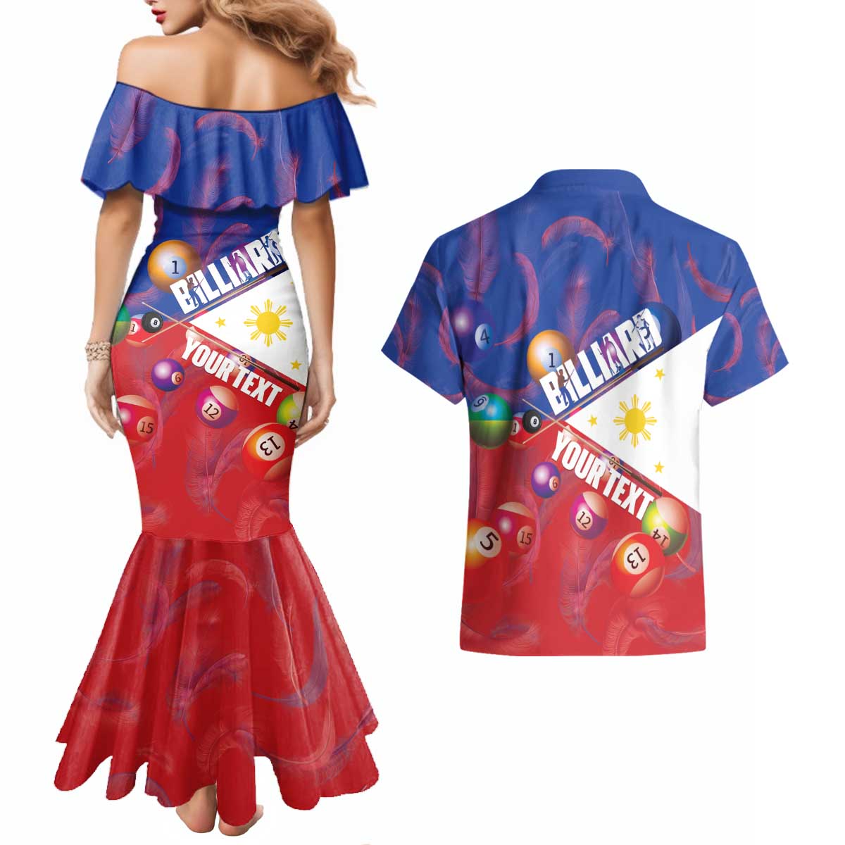 Personalised Philippines Billiards Couples Matching Mermaid Dress and Hawaiian Shirt Cue With Balls Flag Style - Wonder Print Shop