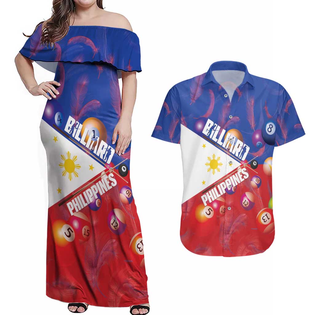Personalised Philippines Billiards Couples Matching Off Shoulder Maxi Dress and Hawaiian Shirt Cue With Balls Flag Style - Wonder Print Shop