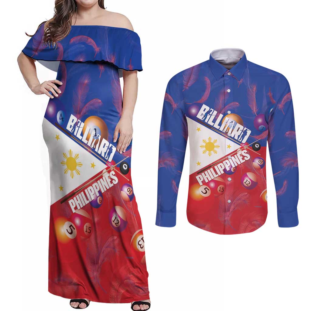 Personalised Philippines Billiards Couples Matching Off Shoulder Maxi Dress and Long Sleeve Button Shirt Cue With Balls Flag Style - Wonder Print Shop