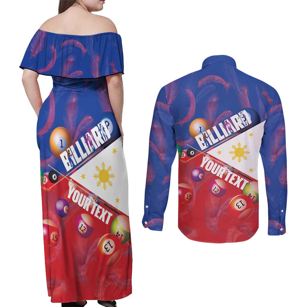 Personalised Philippines Billiards Couples Matching Off Shoulder Maxi Dress and Long Sleeve Button Shirt Cue With Balls Flag Style - Wonder Print Shop