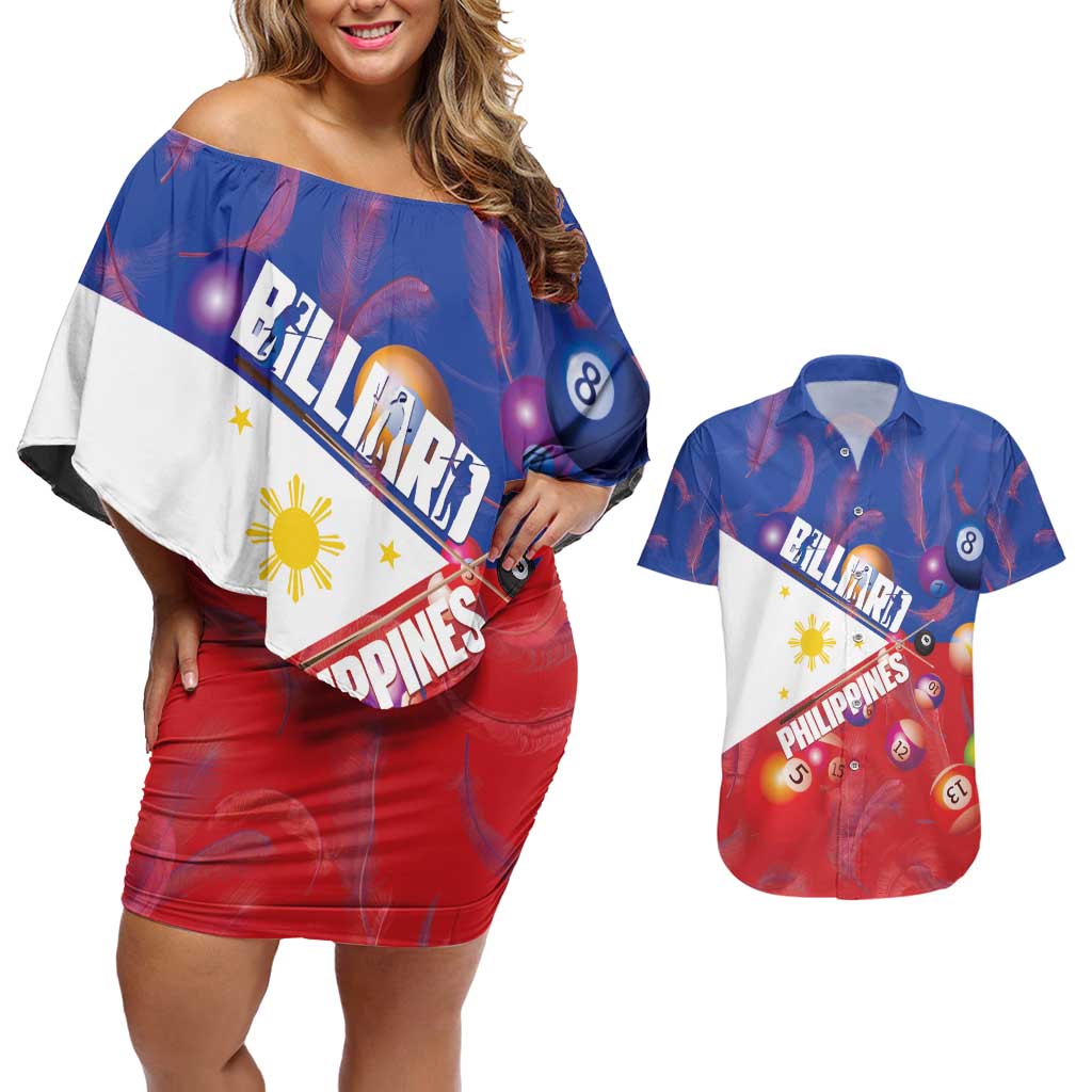 Personalised Philippines Billiards Couples Matching Off Shoulder Short Dress and Hawaiian Shirt Cue With Balls Flag Style - Wonder Print Shop