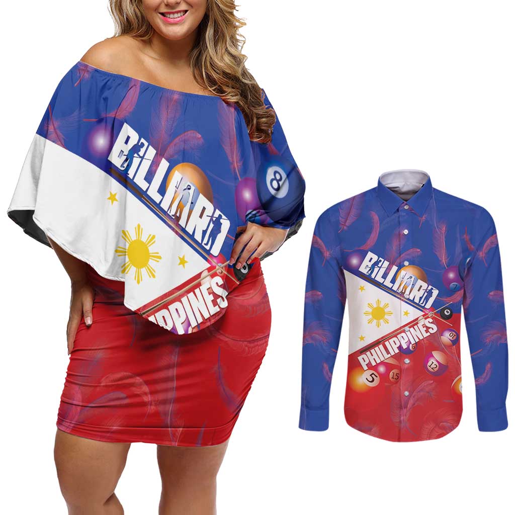 Personalised Philippines Billiards Couples Matching Off Shoulder Short Dress and Long Sleeve Button Shirt Cue With Balls Flag Style - Wonder Print Shop