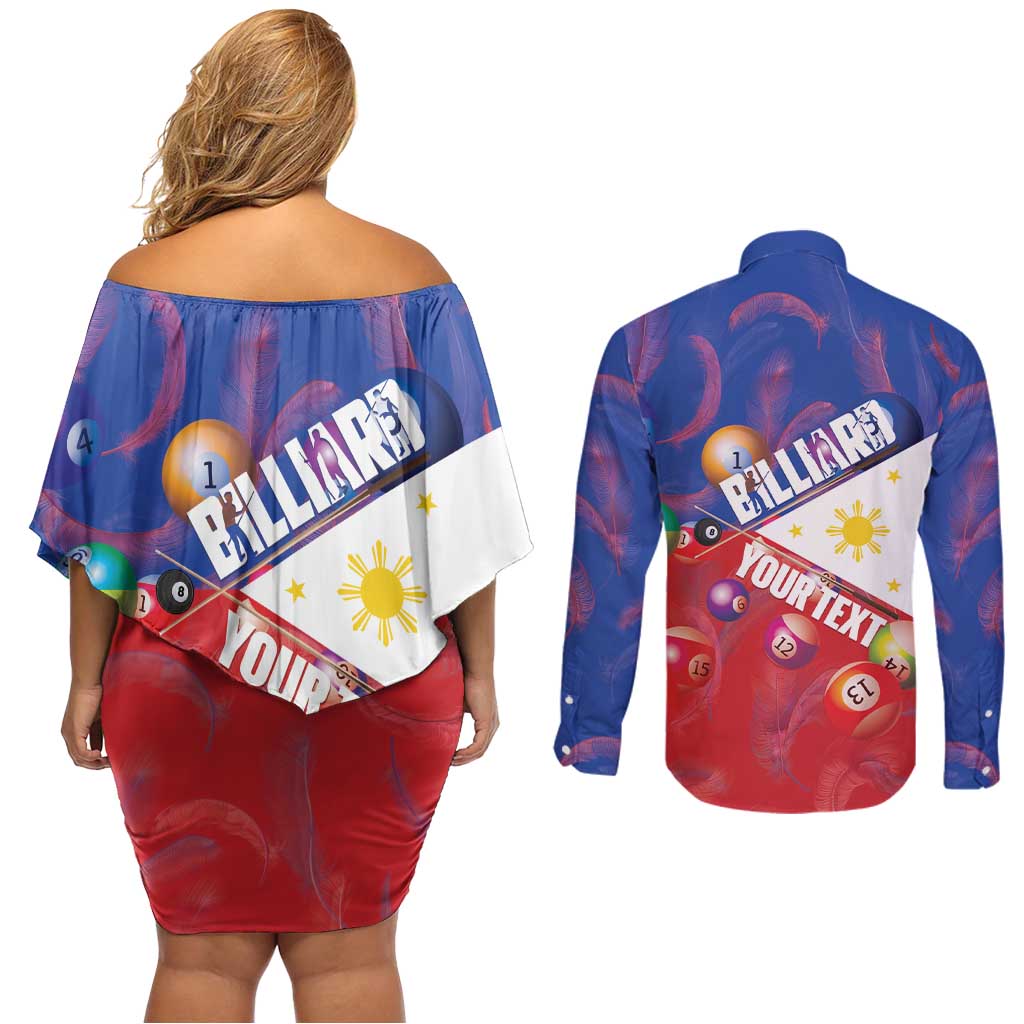 Personalised Philippines Billiards Couples Matching Off Shoulder Short Dress and Long Sleeve Button Shirt Cue With Balls Flag Style - Wonder Print Shop
