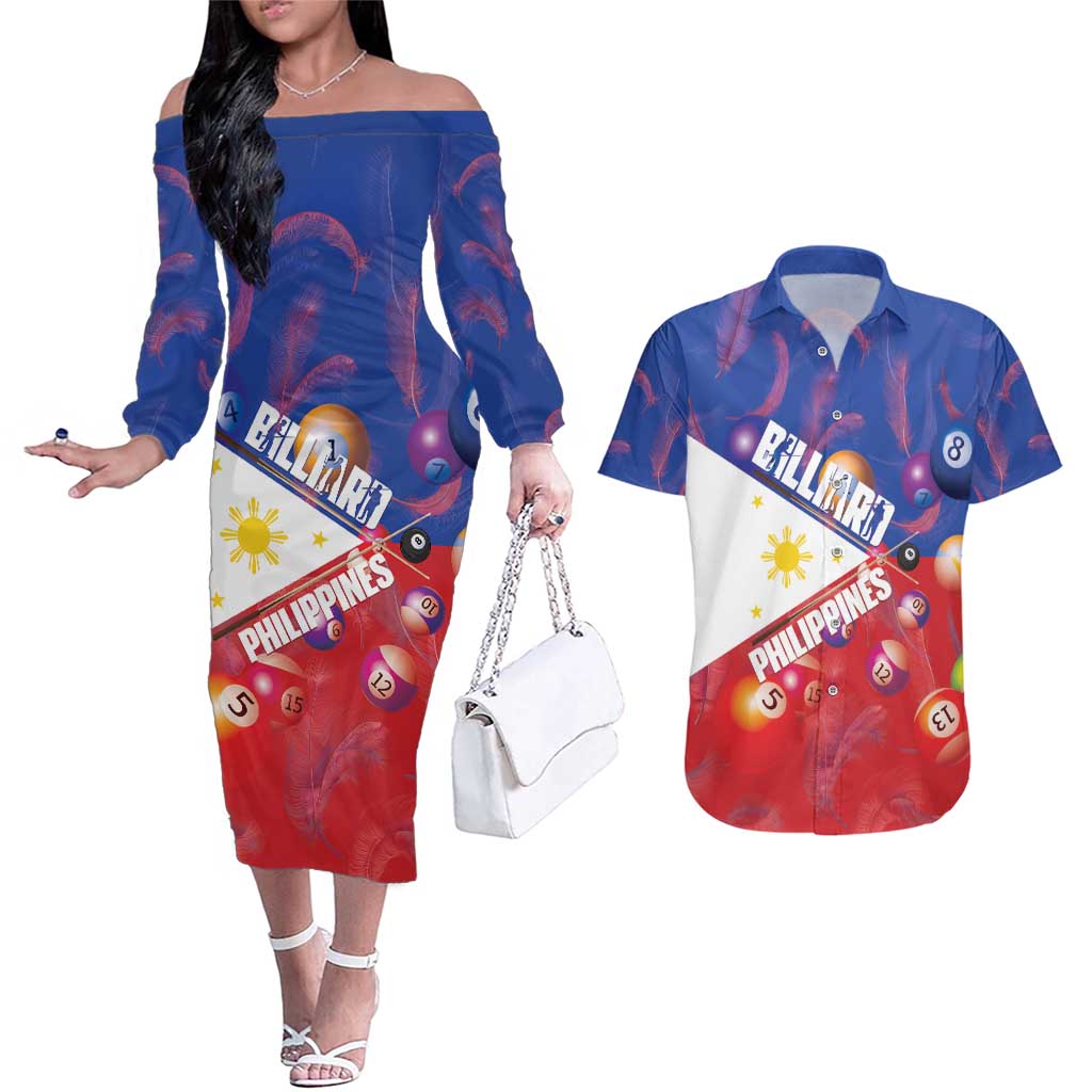 Personalised Philippines Billiards Couples Matching Off The Shoulder Long Sleeve Dress and Hawaiian Shirt Cue With Balls Flag Style - Wonder Print Shop