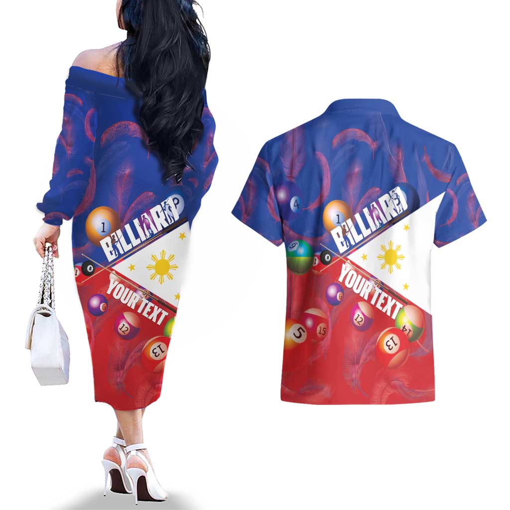 Personalised Philippines Billiards Couples Matching Off The Shoulder Long Sleeve Dress and Hawaiian Shirt Cue With Balls Flag Style - Wonder Print Shop
