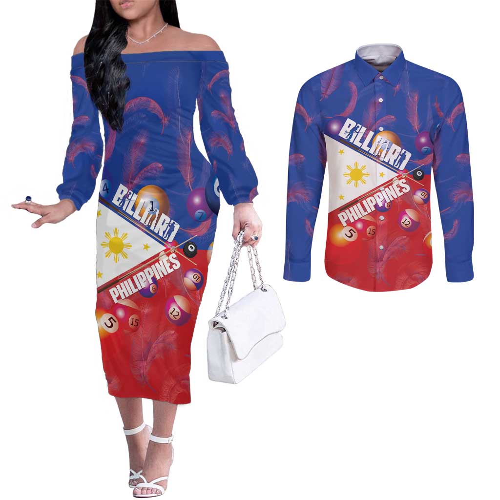 Personalised Philippines Billiards Couples Matching Off The Shoulder Long Sleeve Dress and Long Sleeve Button Shirt Cue With Balls Flag Style - Wonder Print Shop