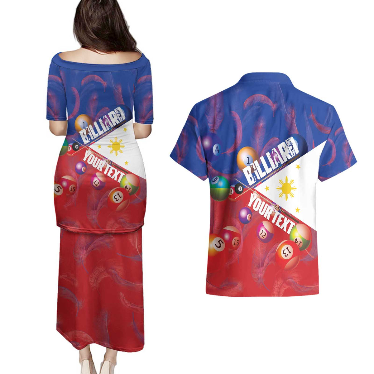 Personalised Philippines Billiards Couples Matching Puletasi and Hawaiian Shirt Cue With Balls Flag Style - Wonder Print Shop