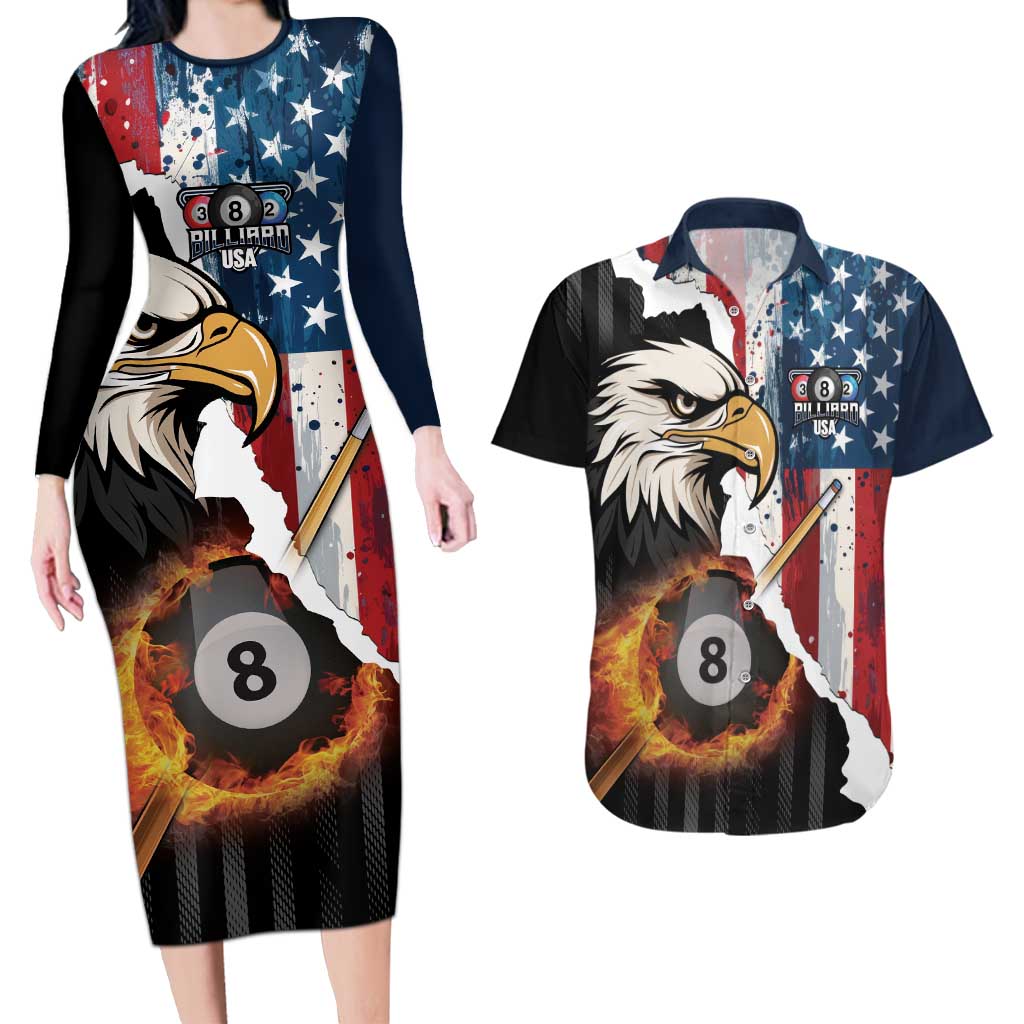 Personalized United States Billiards Couples Matching Long Sleeve Bodycon Dress and Hawaiian Shirt Eagle On Fire 8 Ball - Wonder Print Shop