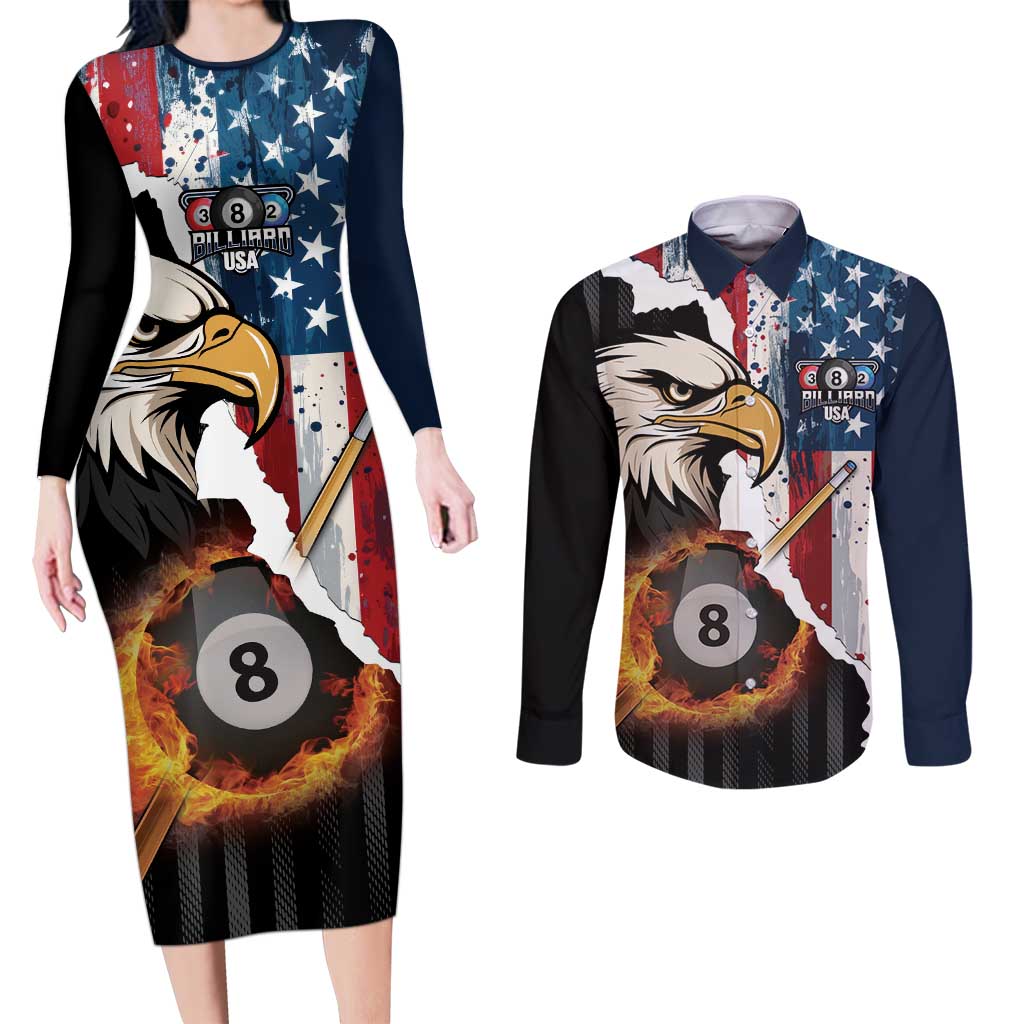 Personalized United States Billiards Couples Matching Long Sleeve Bodycon Dress and Long Sleeve Button Shirt Eagle On Fire 8 Ball - Wonder Print Shop