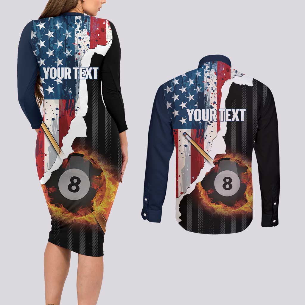 Personalized United States Billiards Couples Matching Long Sleeve Bodycon Dress and Long Sleeve Button Shirt Eagle On Fire 8 Ball - Wonder Print Shop