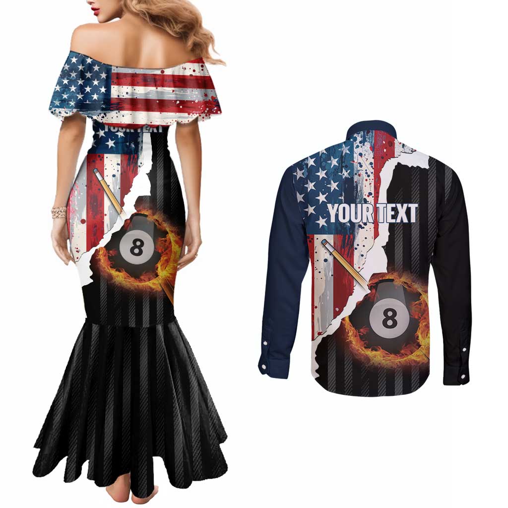 Personalized United States Billiards Couples Matching Mermaid Dress and Long Sleeve Button Shirt Eagle On Fire 8 Ball - Wonder Print Shop