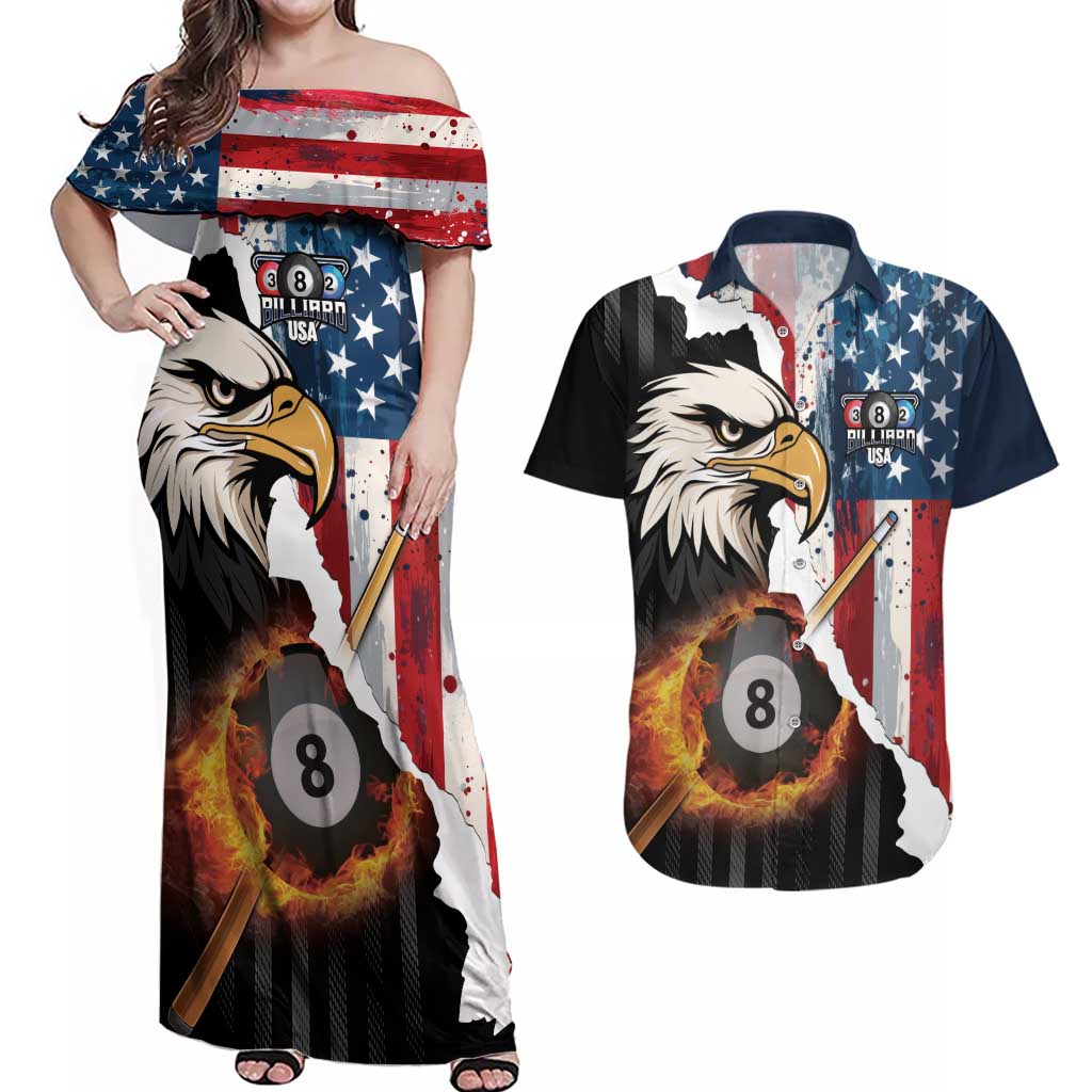 Personalized United States Billiards Couples Matching Off Shoulder Maxi Dress and Hawaiian Shirt Eagle On Fire 8 Ball - Wonder Print Shop