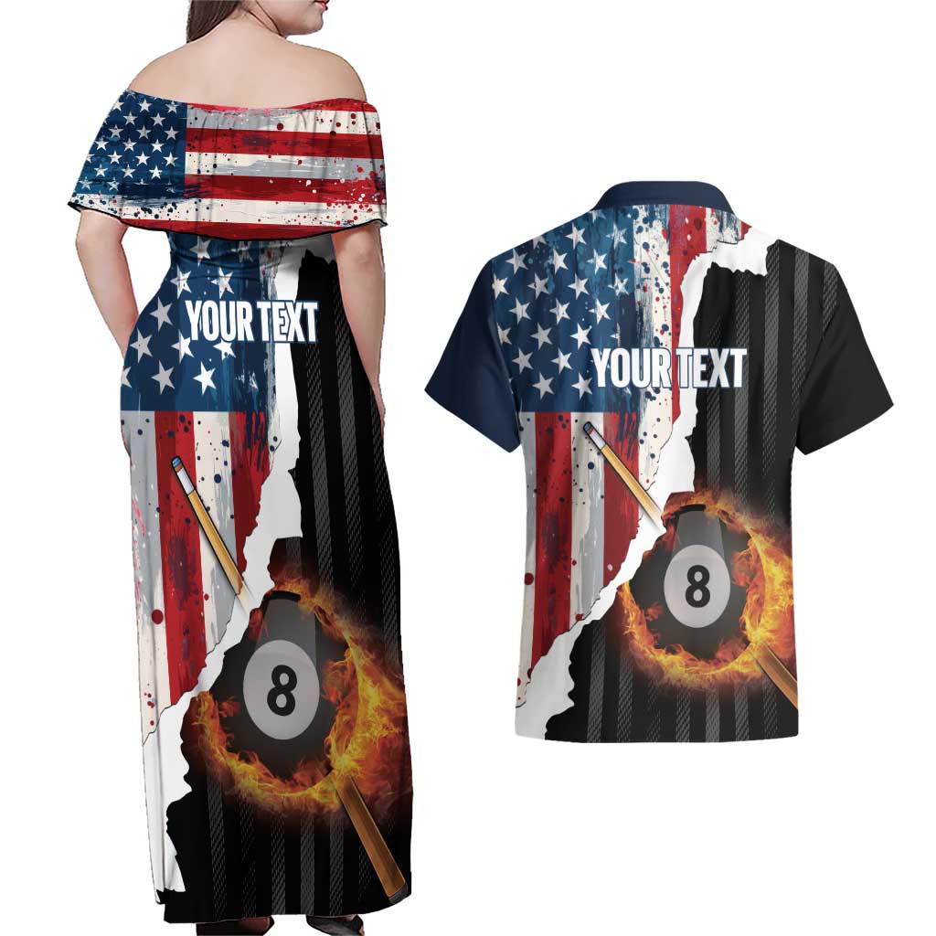 Personalized United States Billiards Couples Matching Off Shoulder Maxi Dress and Hawaiian Shirt Eagle On Fire 8 Ball - Wonder Print Shop