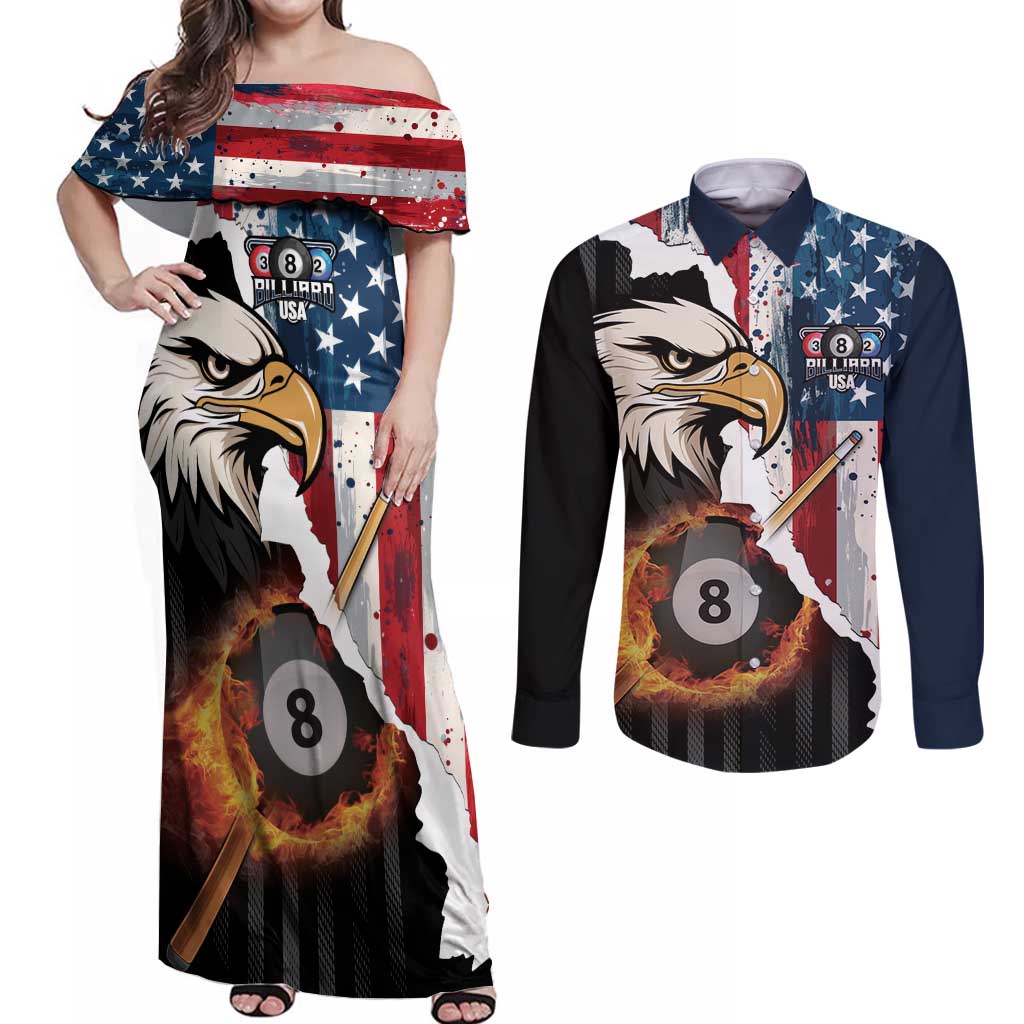 Personalized United States Billiards Couples Matching Off Shoulder Maxi Dress and Long Sleeve Button Shirt Eagle On Fire 8 Ball - Wonder Print Shop