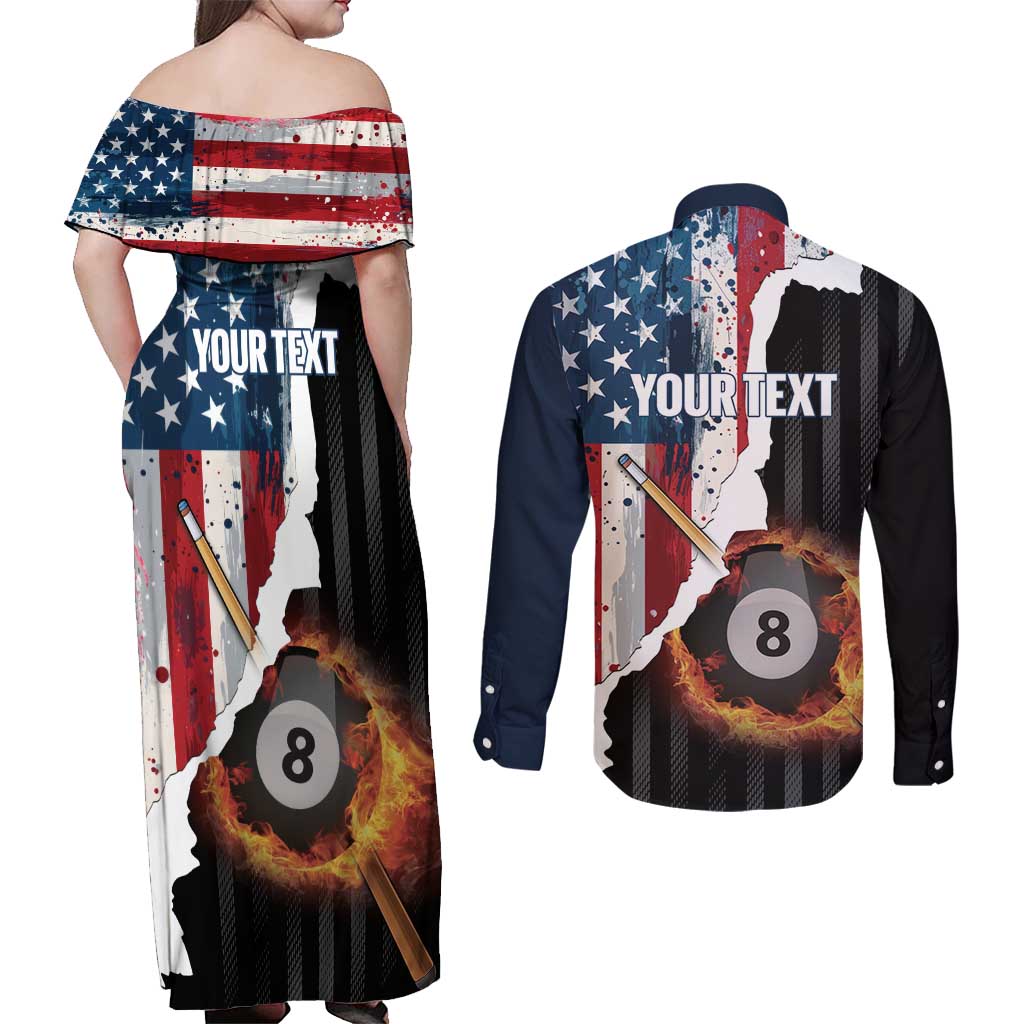 Personalized United States Billiards Couples Matching Off Shoulder Maxi Dress and Long Sleeve Button Shirt Eagle On Fire 8 Ball - Wonder Print Shop