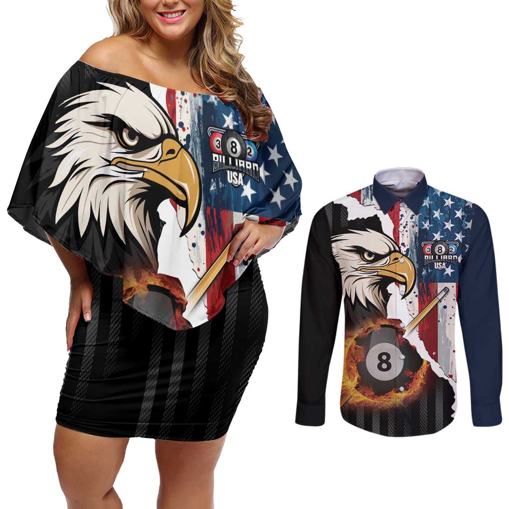 Personalized United States Billiards Couples Matching Off Shoulder Short Dress and Long Sleeve Button Shirt Eagle On Fire 8 Ball - Wonder Print Shop