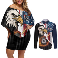Personalized United States Billiards Couples Matching Off Shoulder Short Dress and Long Sleeve Button Shirt Eagle On Fire 8 Ball - Wonder Print Shop
