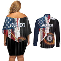Personalized United States Billiards Couples Matching Off Shoulder Short Dress and Long Sleeve Button Shirt Eagle On Fire 8 Ball - Wonder Print Shop