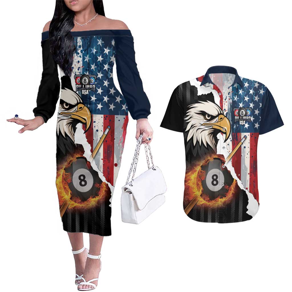 Personalized United States Billiards Couples Matching Off The Shoulder Long Sleeve Dress and Hawaiian Shirt Eagle On Fire 8 Ball - Wonder Print Shop