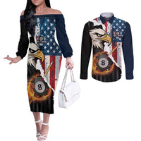 Personalized United States Billiards Couples Matching Off The Shoulder Long Sleeve Dress and Long Sleeve Button Shirt Eagle On Fire 8 Ball - Wonder Print Shop