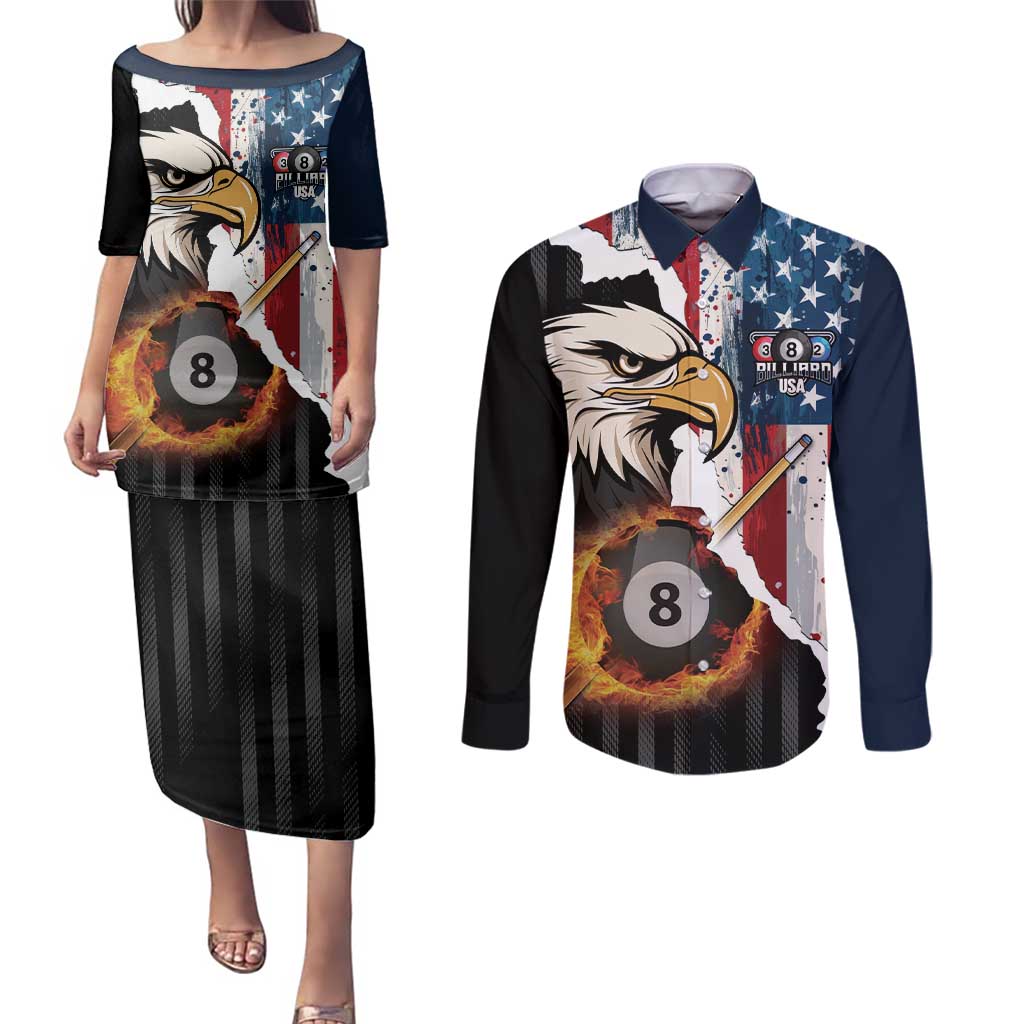 Personalized United States Billiards Couples Matching Puletasi and Long Sleeve Button Shirt Eagle On Fire 8 Ball - Wonder Print Shop