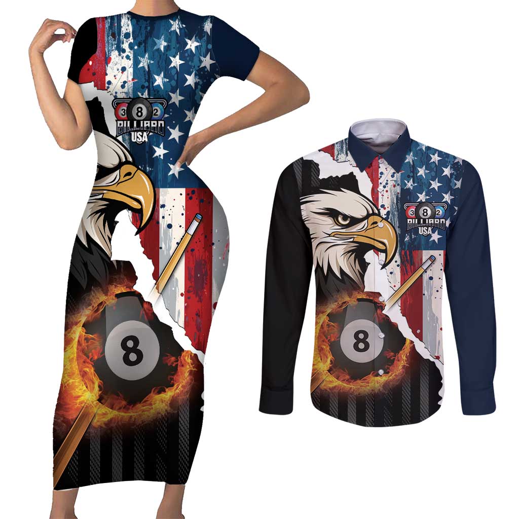 Personalized United States Billiards Couples Matching Short Sleeve Bodycon Dress and Long Sleeve Button Shirt Eagle On Fire 8 Ball - Wonder Print Shop