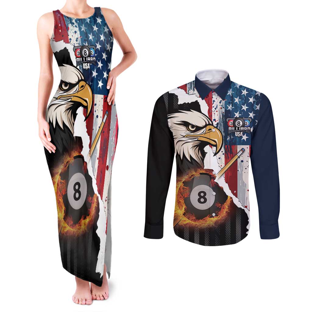Personalized United States Billiards Couples Matching Tank Maxi Dress and Long Sleeve Button Shirt Eagle On Fire 8 Ball - Wonder Print Shop