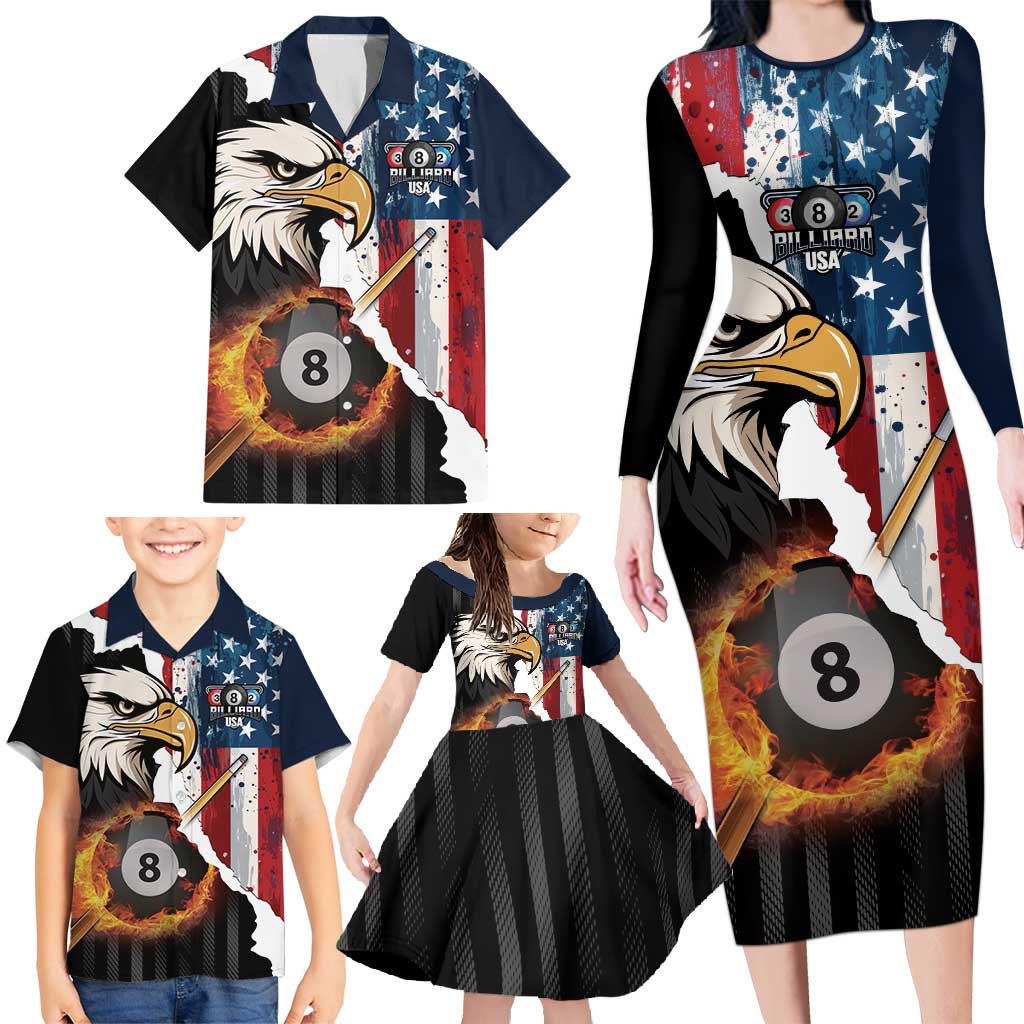 Personalized United States Billiards Family Matching Long Sleeve Bodycon Dress and Hawaiian Shirt Eagle On Fire 8 Ball - Wonder Print Shop