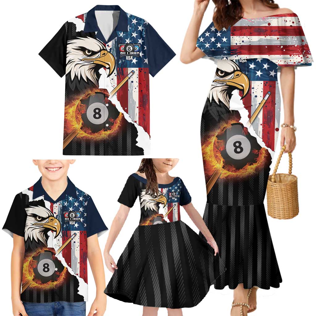 Personalized United States Billiards Family Matching Mermaid Dress and Hawaiian Shirt Eagle On Fire 8 Ball - Wonder Print Shop
