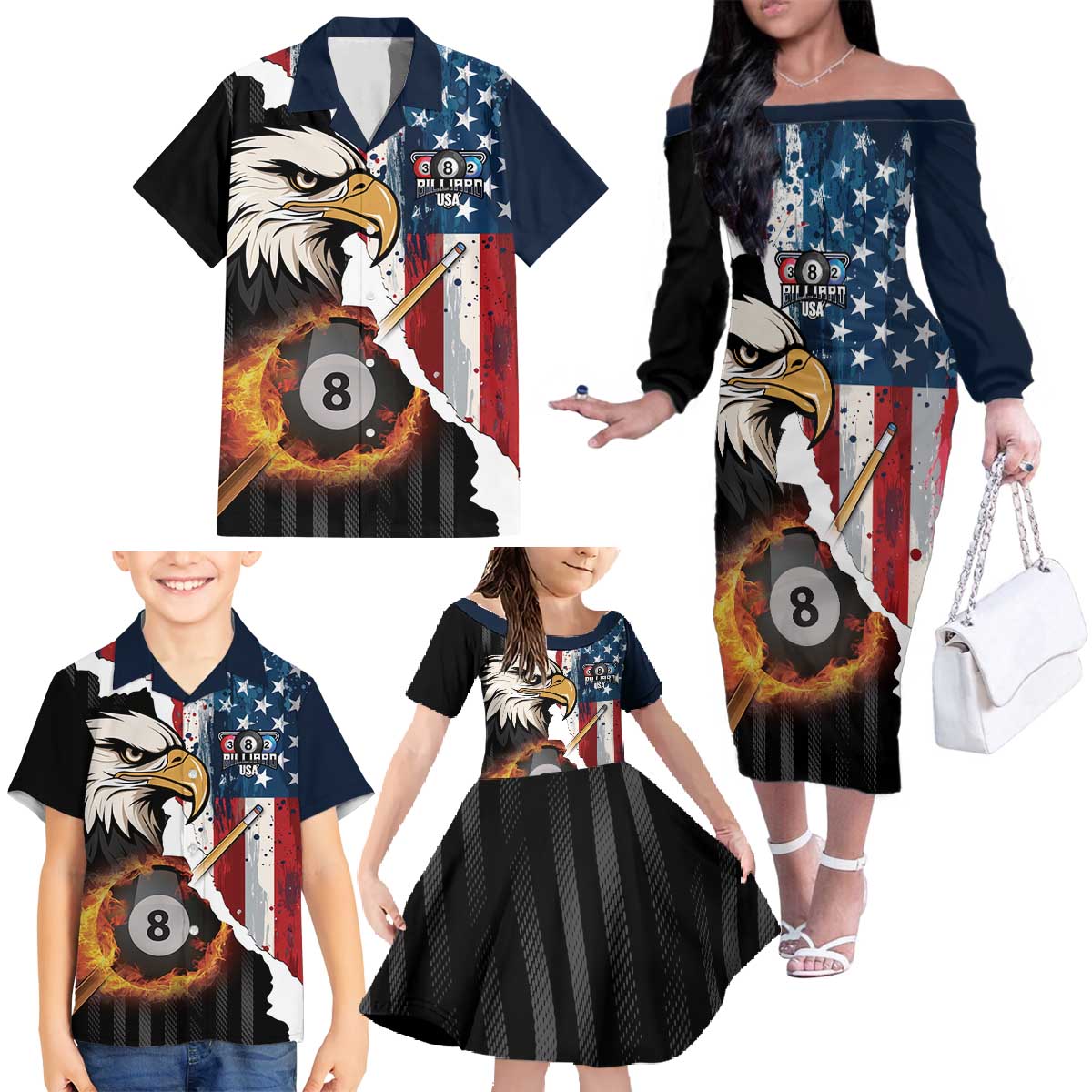 Personalized United States Billiards Family Matching Off The Shoulder Long Sleeve Dress and Hawaiian Shirt Eagle On Fire 8 Ball - Wonder Print Shop