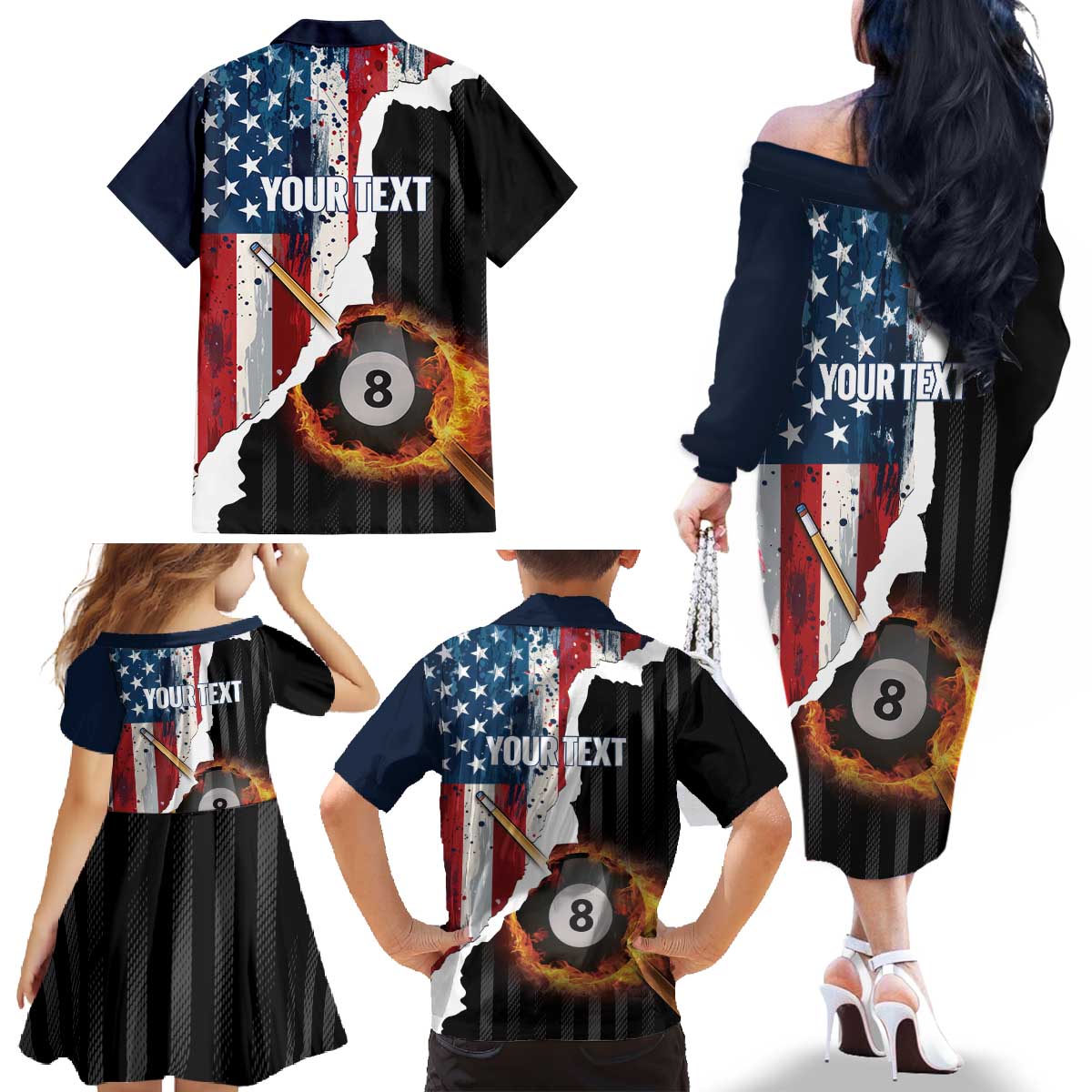Personalized United States Billiards Family Matching Off The Shoulder Long Sleeve Dress and Hawaiian Shirt Eagle On Fire 8 Ball - Wonder Print Shop