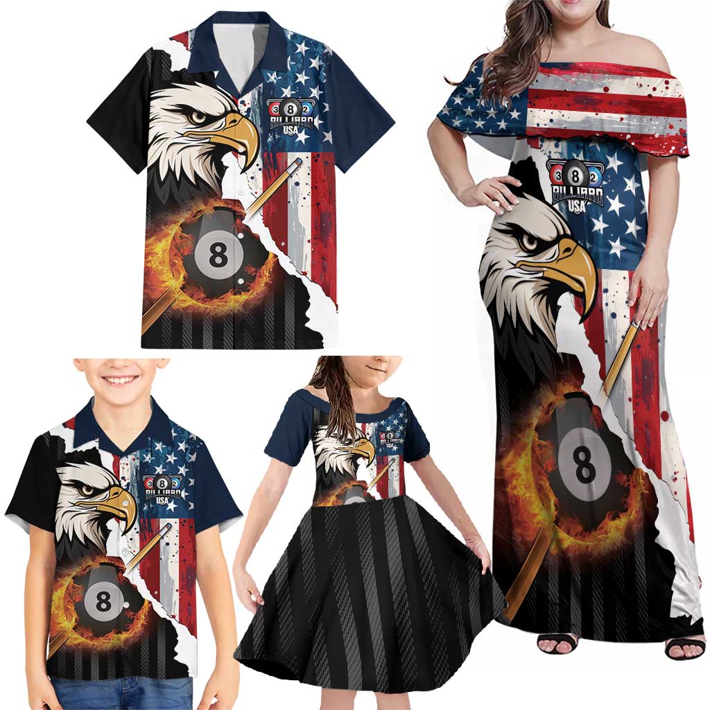 Personalized United States Billiards Family Matching Off Shoulder Maxi Dress and Hawaiian Shirt Eagle On Fire 8 Ball - Wonder Print Shop