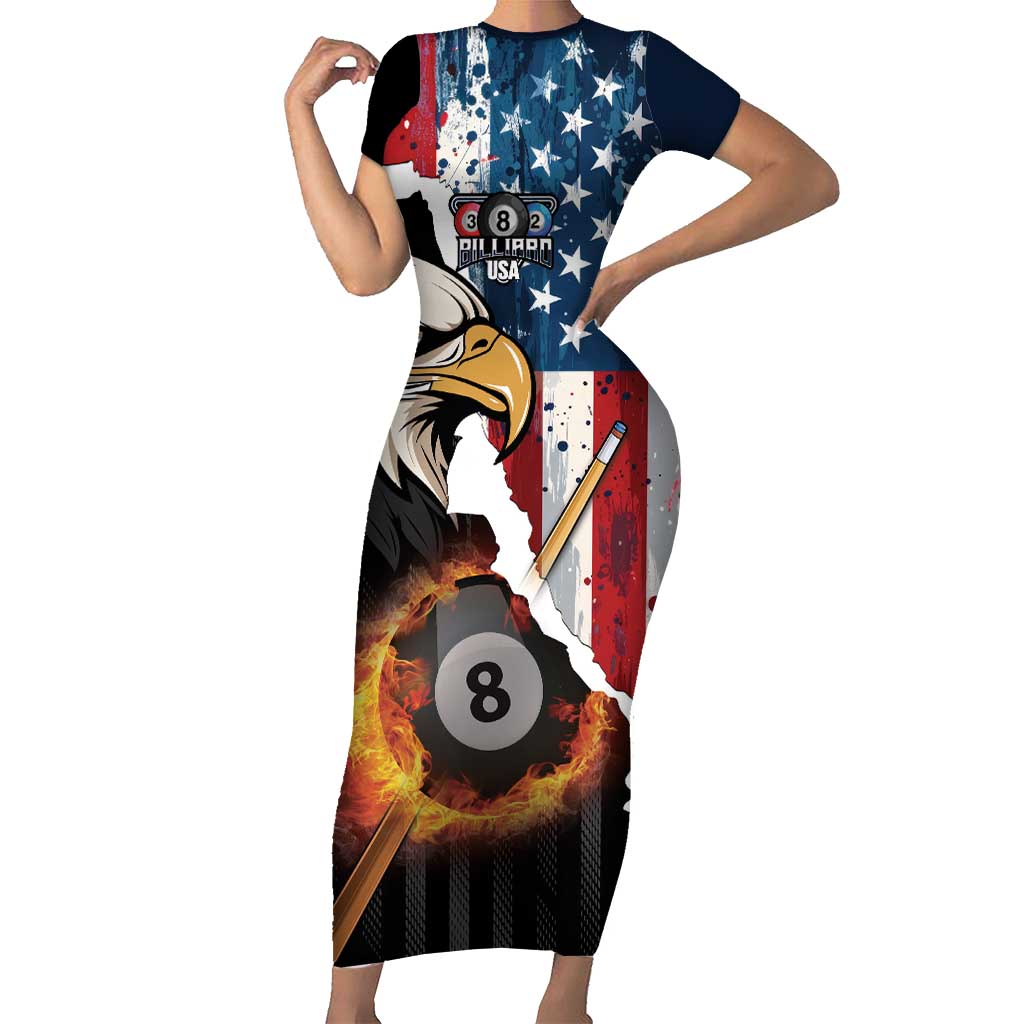 Personalized United States Billiards Family Matching Short Sleeve Bodycon Dress and Hawaiian Shirt Eagle On Fire 8 Ball - Wonder Print Shop