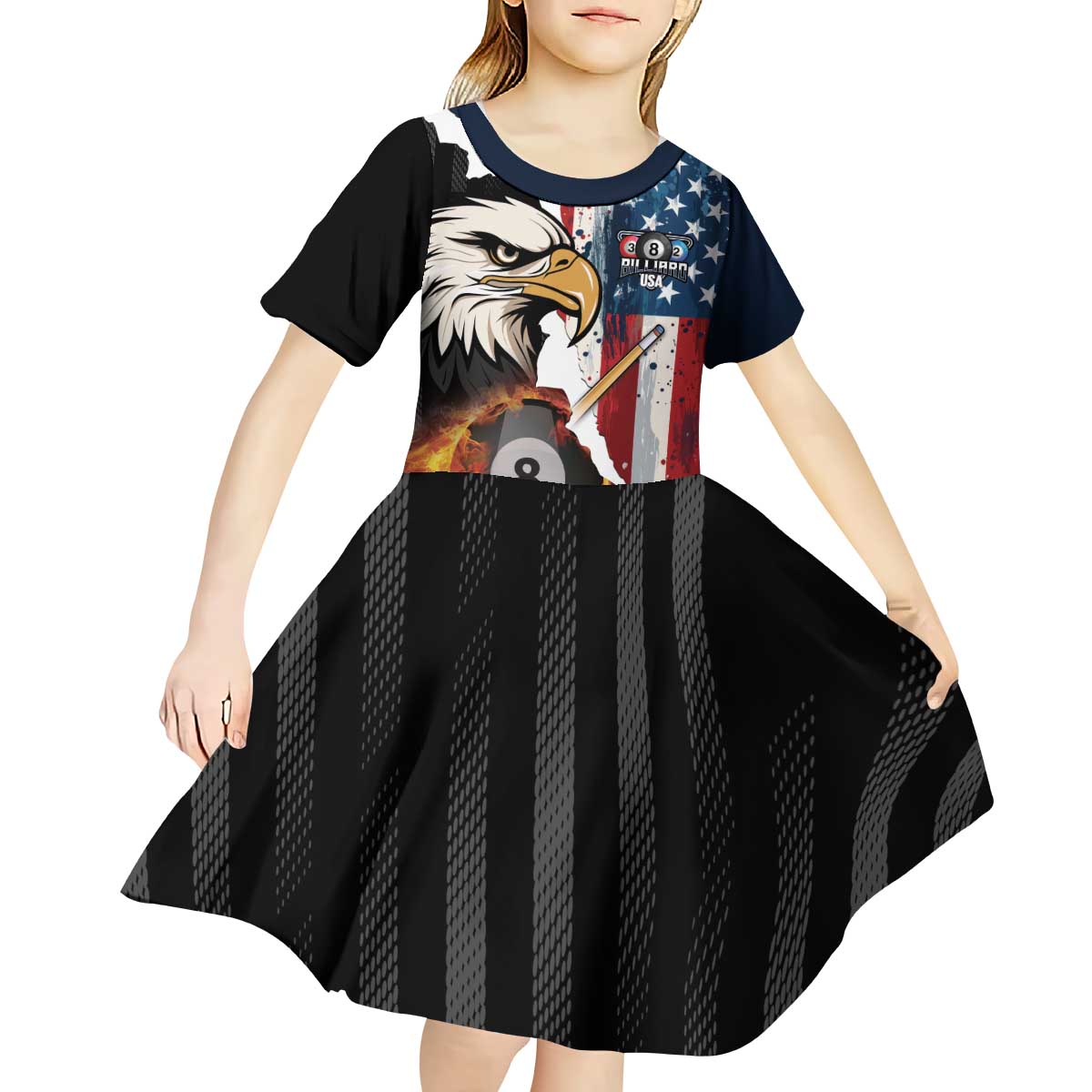 Personalized United States Billiards Kid Short Sleeve Dress Eagle On Fire 8 Ball - Wonder Print Shop