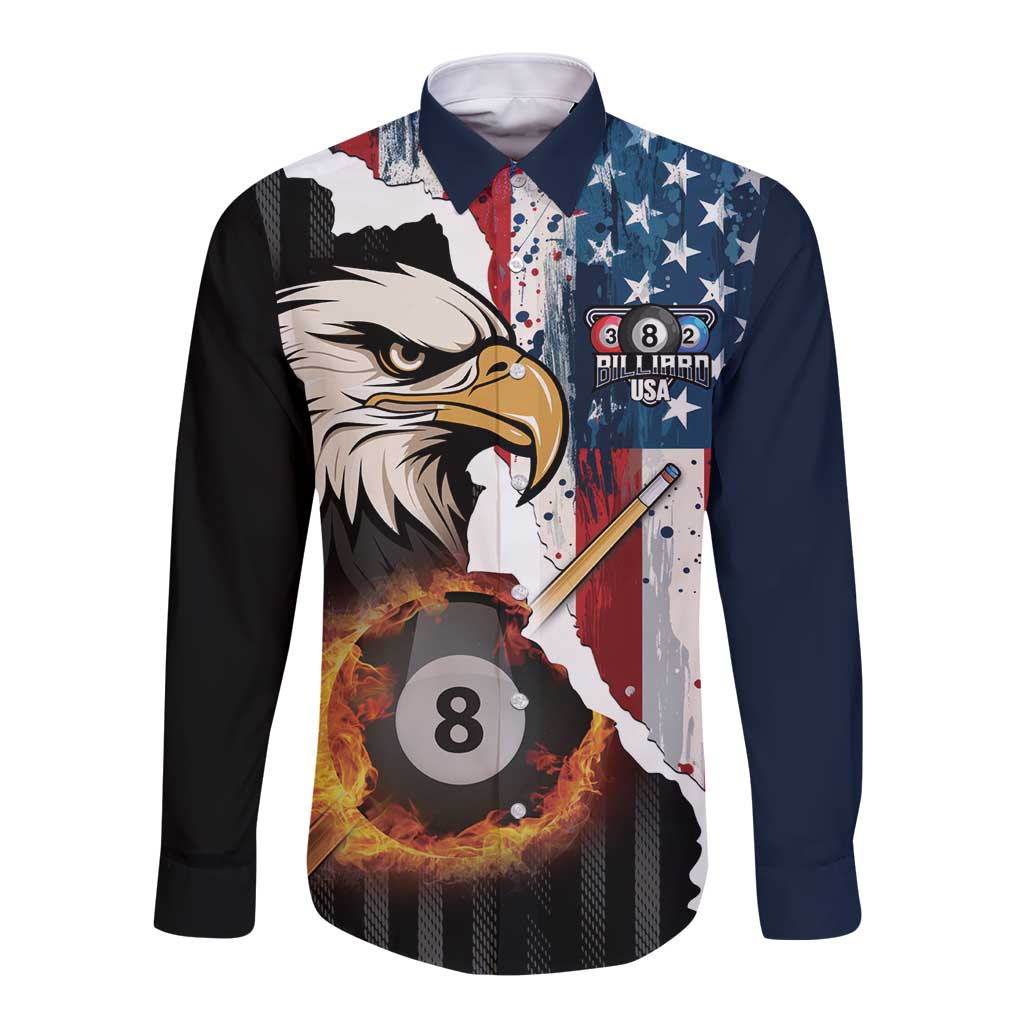 Personalized United States Billiards Long Sleeve Button Shirt Eagle On Fire 8 Ball - Wonder Print Shop